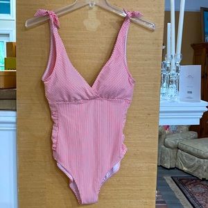 Lauren One Piece swim suit - orange pink and white strip - sz 8
